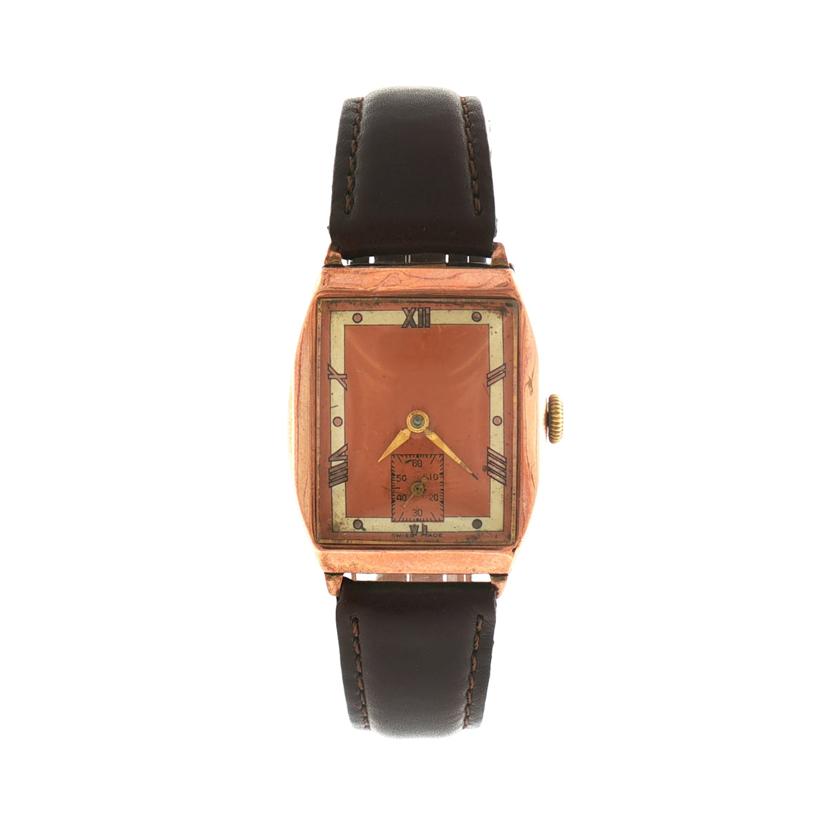 Vintage Gents 1943 Art Deco Watch on Brown Leather Strap in 9ct Rose Gold