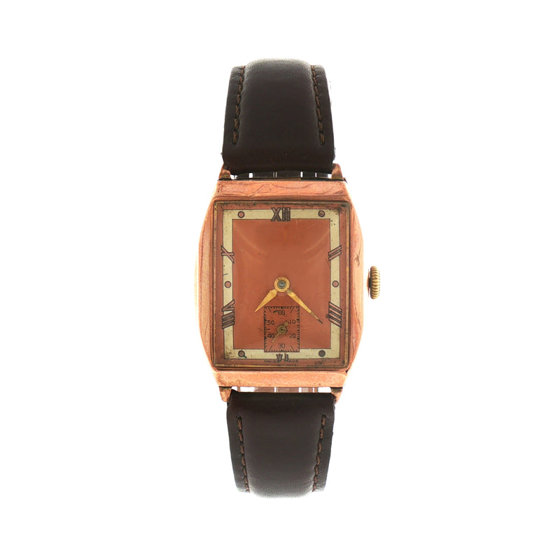 Vintage Gents 1943 Art Deco Watch on Brown Leather Strap in 9ct Rose Gold