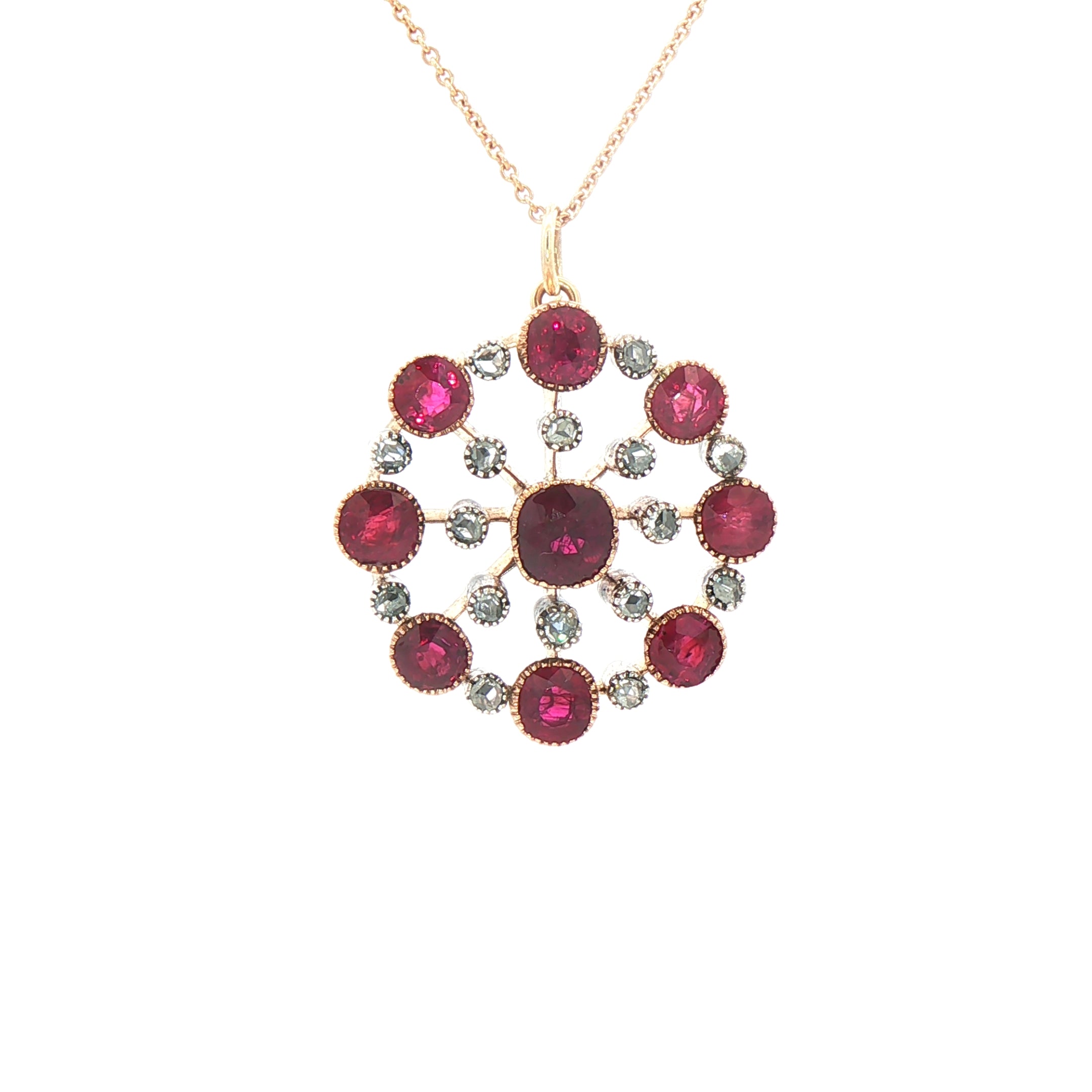 Edwardian Ruby & Natural Diamond Cluster Pendant in 9ct Rose Gold