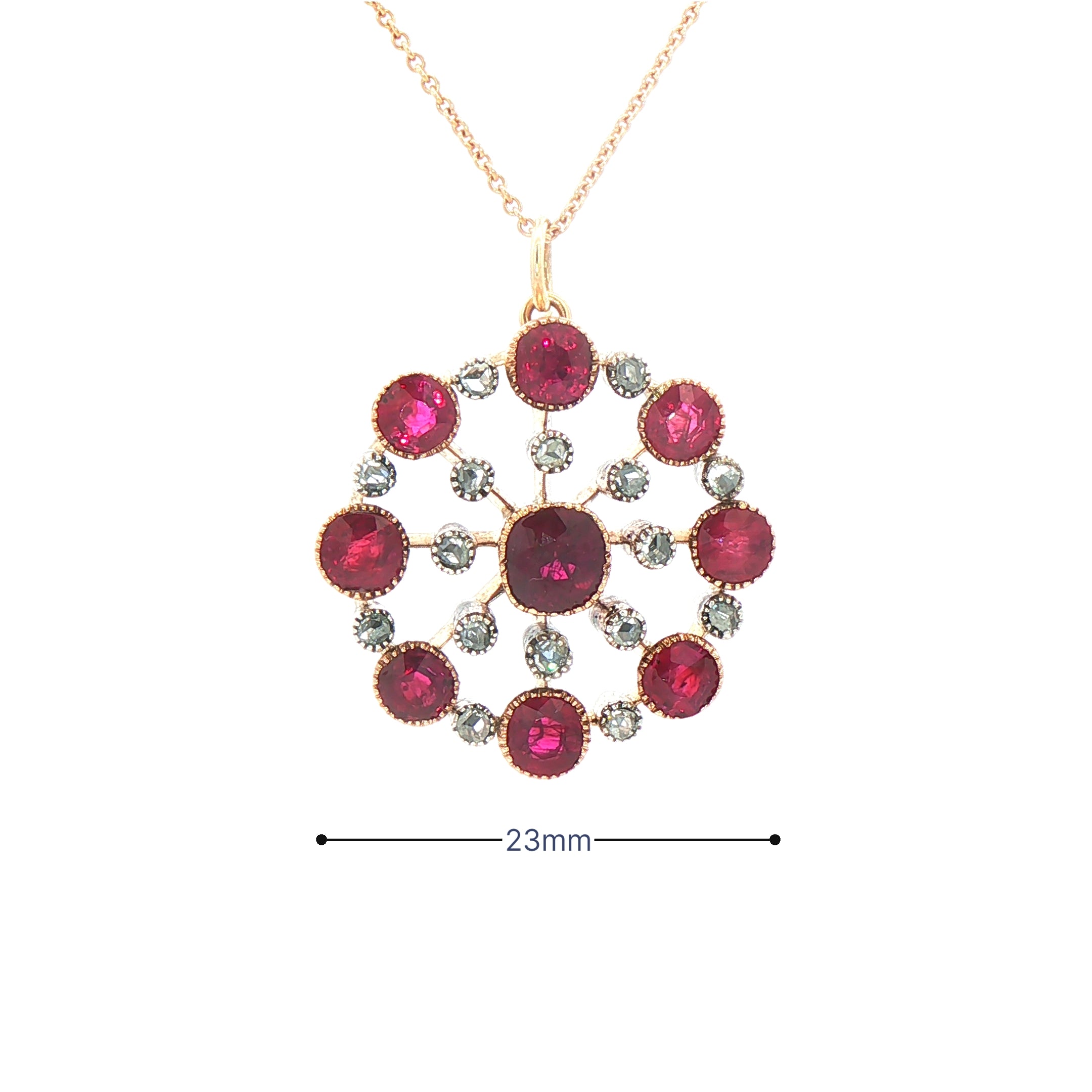 Edwardian Ruby & Natural Diamond Cluster Pendant in 9ct Rose Gold