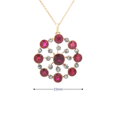 Edwardian Ruby & Natural Diamond Cluster Pendant in 9ct Rose Gold