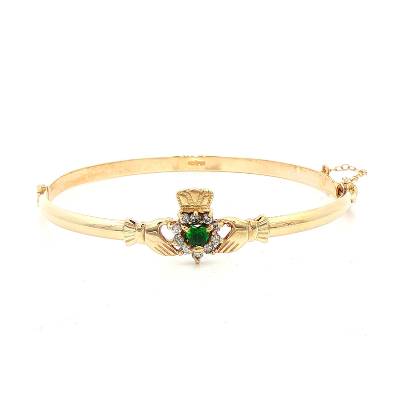 Emerald & Cubic Zirconia Claddagh Bangle 10ct Gold