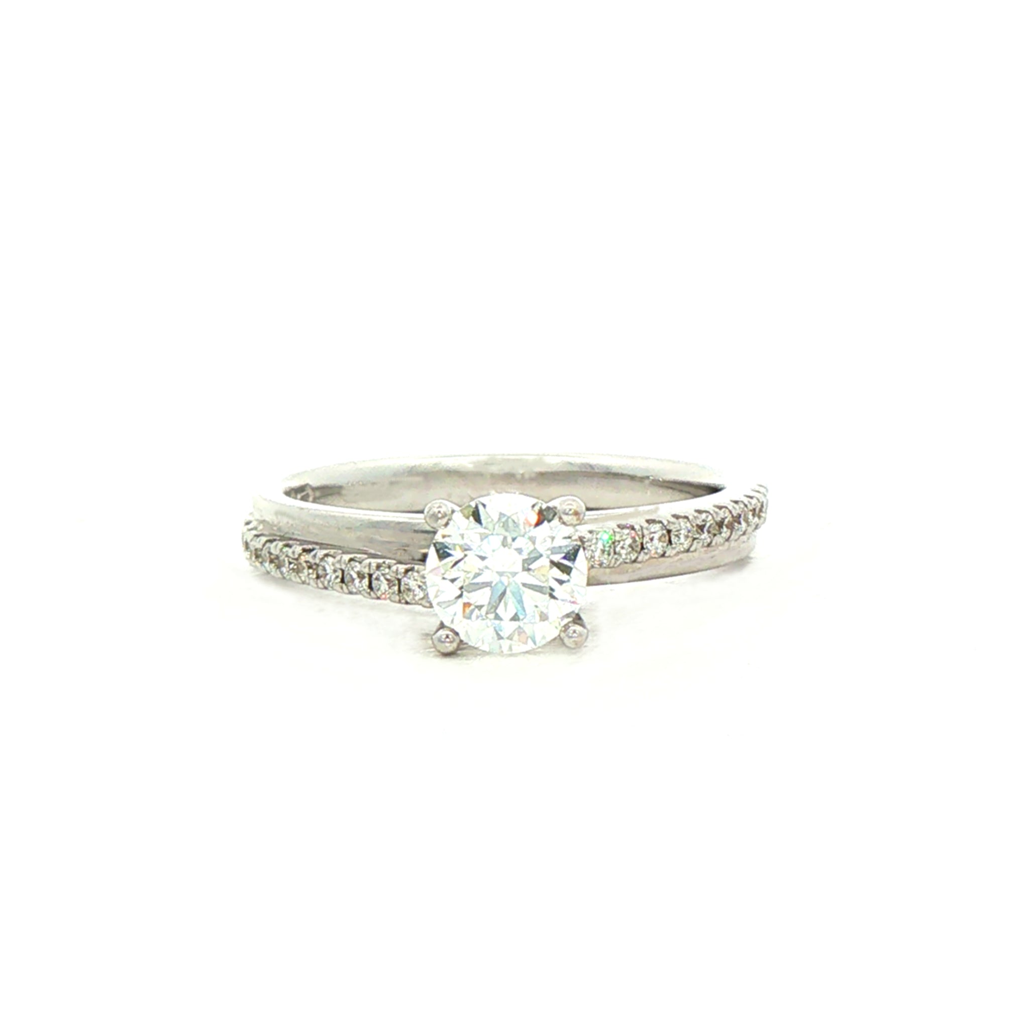 C0.61ct S0.14ct  F vs1 Natural Diamond Solitaire Off Set Diamond Shoulders in 18ct White Gold