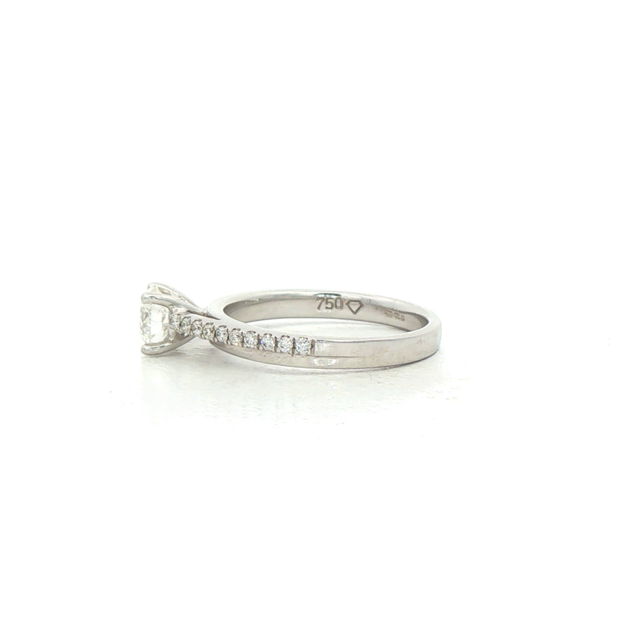 C0.61ct S0.14ct  F vs1 Natural Diamond Solitaire Off Set Diamond Shoulders in 18ct White Gold