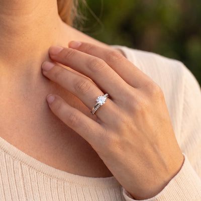C0.61ct S0.14ct  F vs1 Natural Diamond Solitaire Off Set Diamond Shoulders in 18ct White Gold