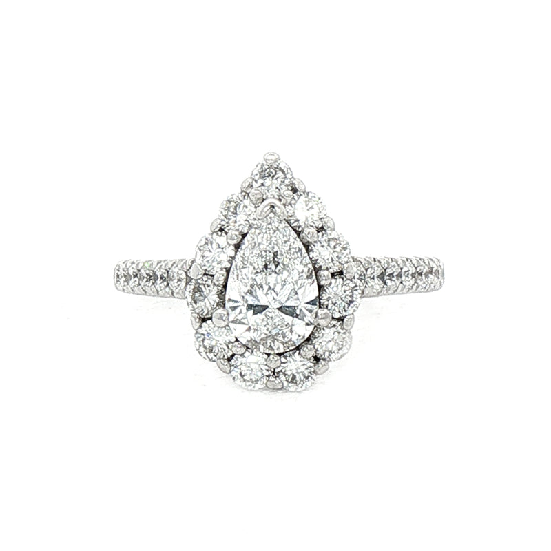 0.70ct D SI1 Natural Diamond Pear Cluster Halo with 0.80ct Diamond Shoulders Set In 18ct White Gold