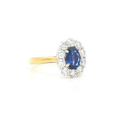 1.29ct Sapphire 1.22ct Diamond Cluster Ring Set In 18ct Yellow Gold