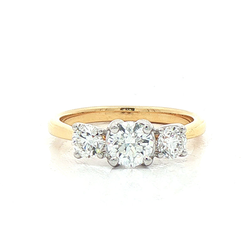 1.11ct E SI1 GIA Certified Round Natural Diamond Three Stone Ring in 18ct Yellow Gold