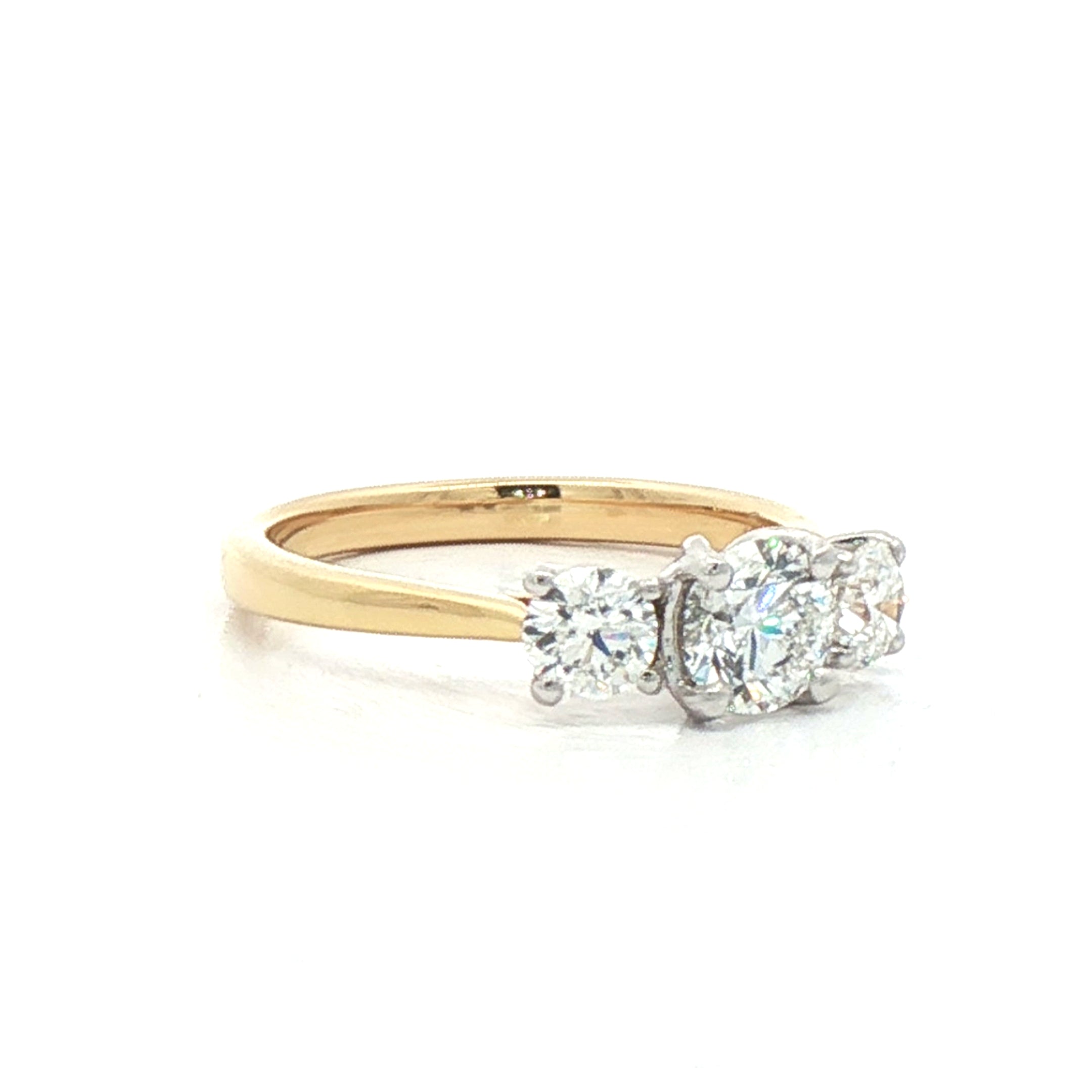 1.11ct E SI1 GIA Certified Round Natural Diamond Three Stone Ring in 18ct Yellow Gold