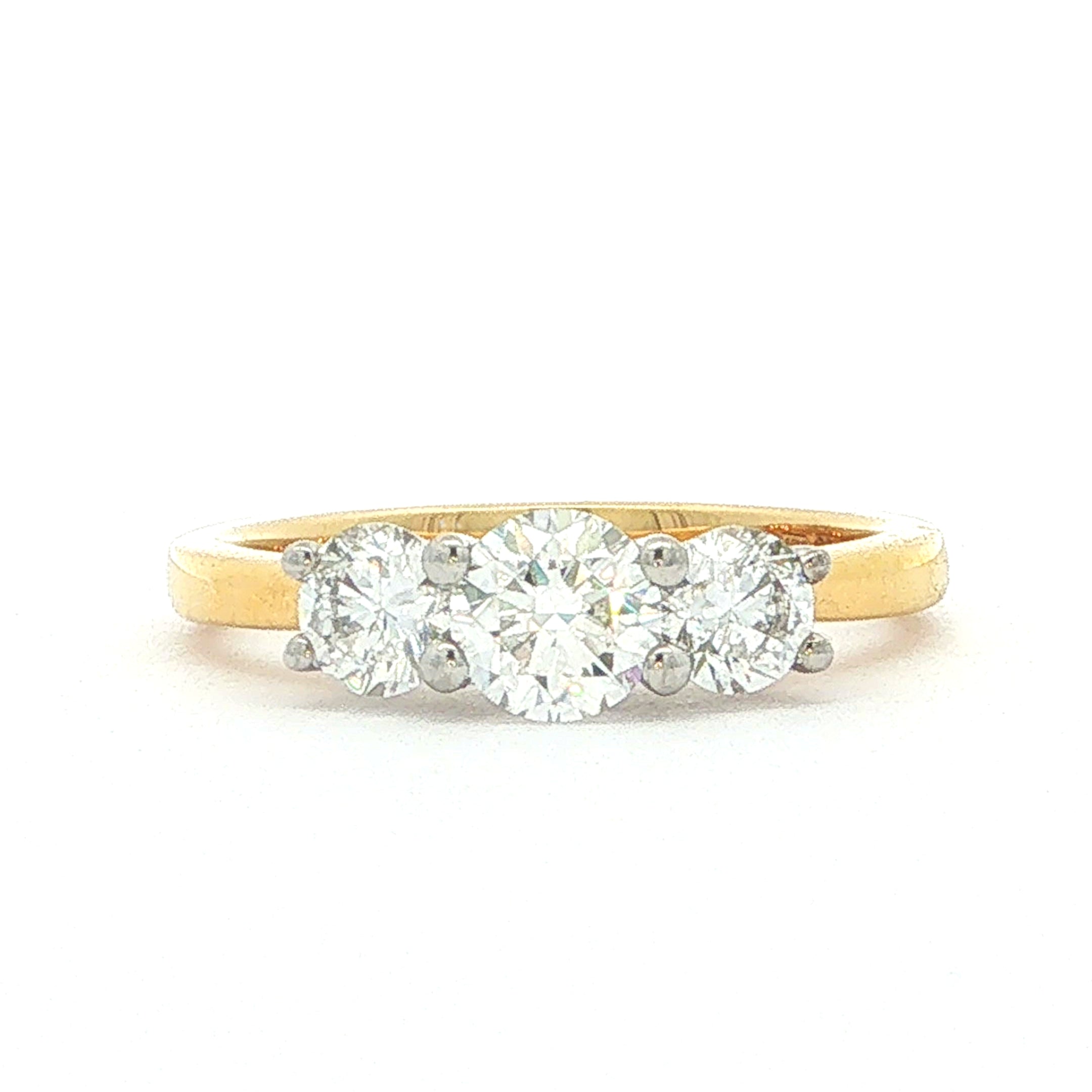 1.00ct GIA Certified Round Natural Diamond Three Stone Ring in 18ct Yellow Gold