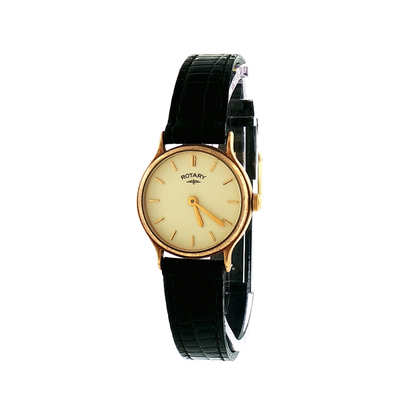 Vintage Ladies Rotary Round Champ Dial Watch on Strap in 9ct Yellow Gold