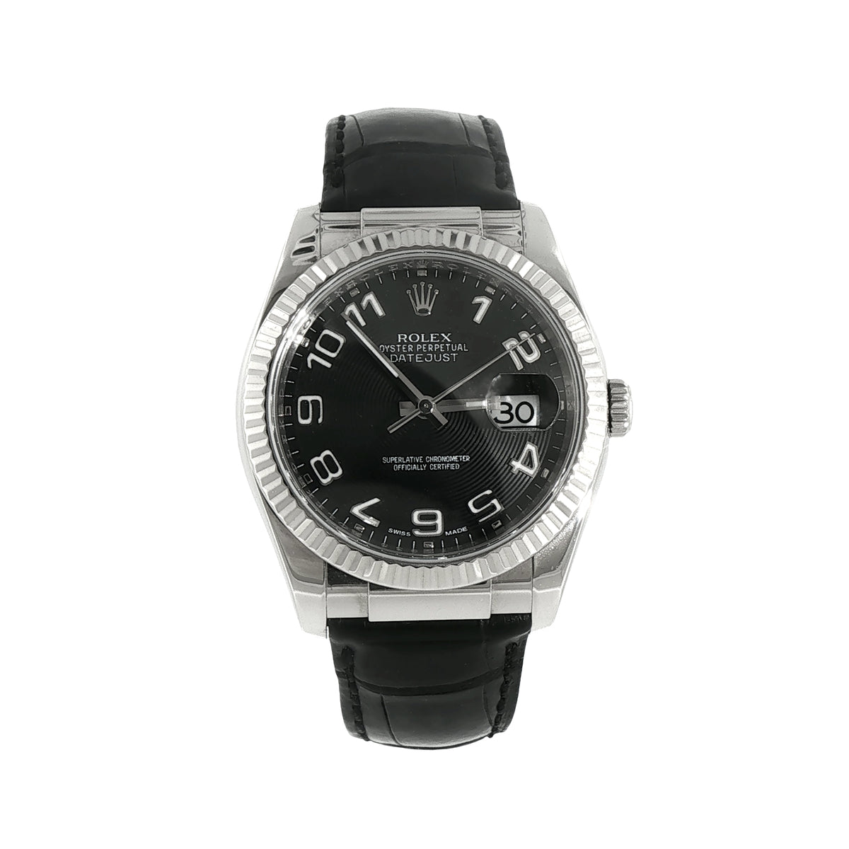 18ct White Gold Gents Rolex 2009 Datejust With Black Arabic Numerals Dial & Aligator Strap