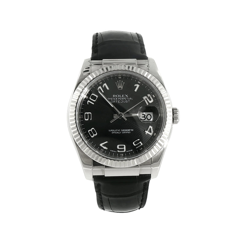 18ct White Gold Gents Rolex 2009 Datejust With Black Arabic Numerals Dial & Aligator Strap