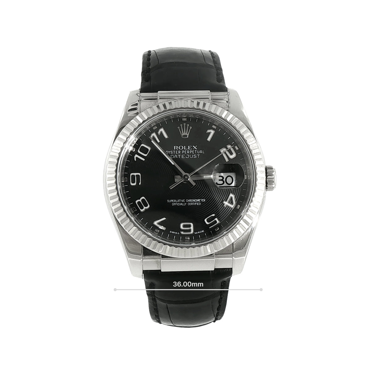 18ct White Gold Gents Rolex 2009 Datejust With Black Arabic Numerals Dial & Aligator Strap