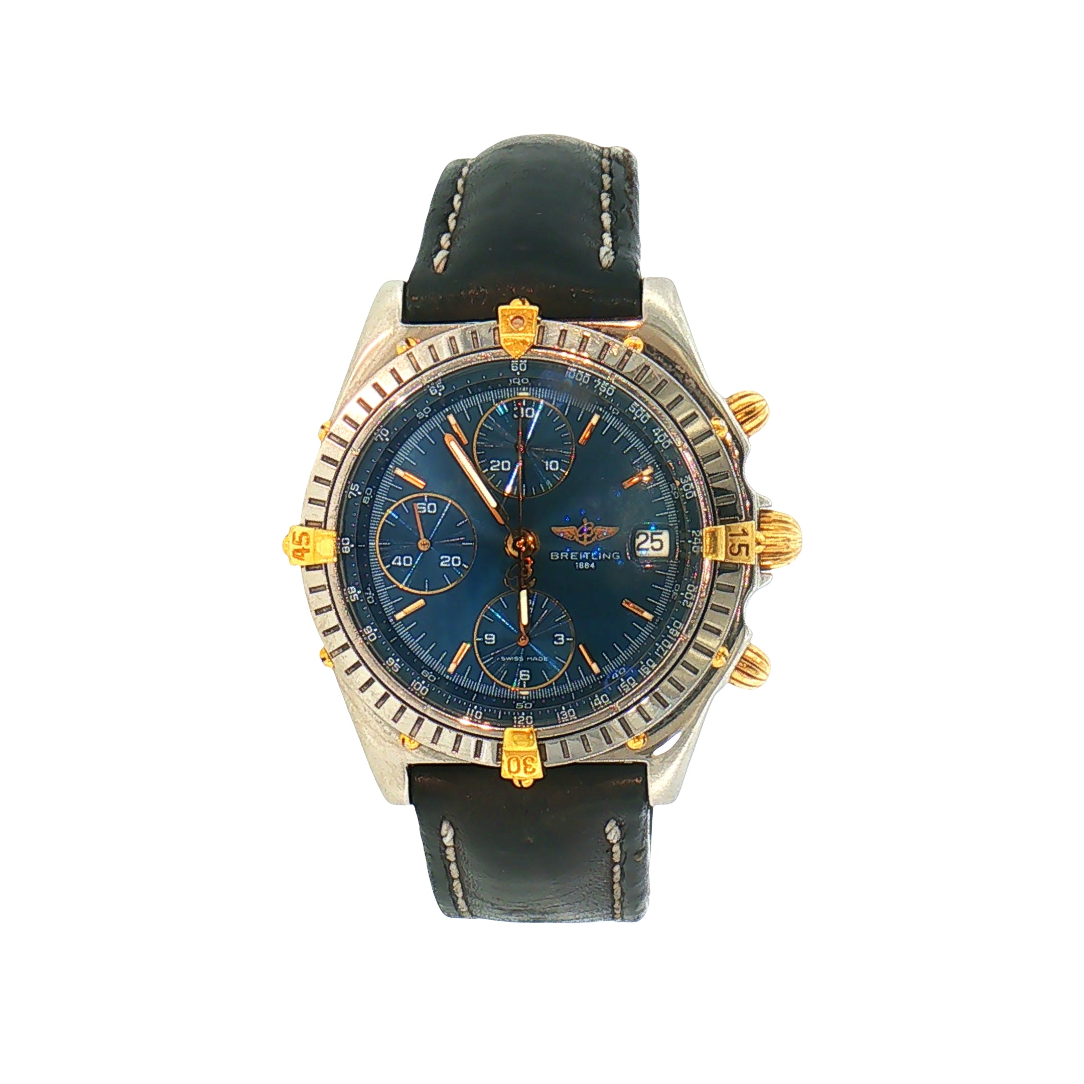 Gents Stainless Steel Breitling Auto Chronomat with Blue Dial on Leather Strap