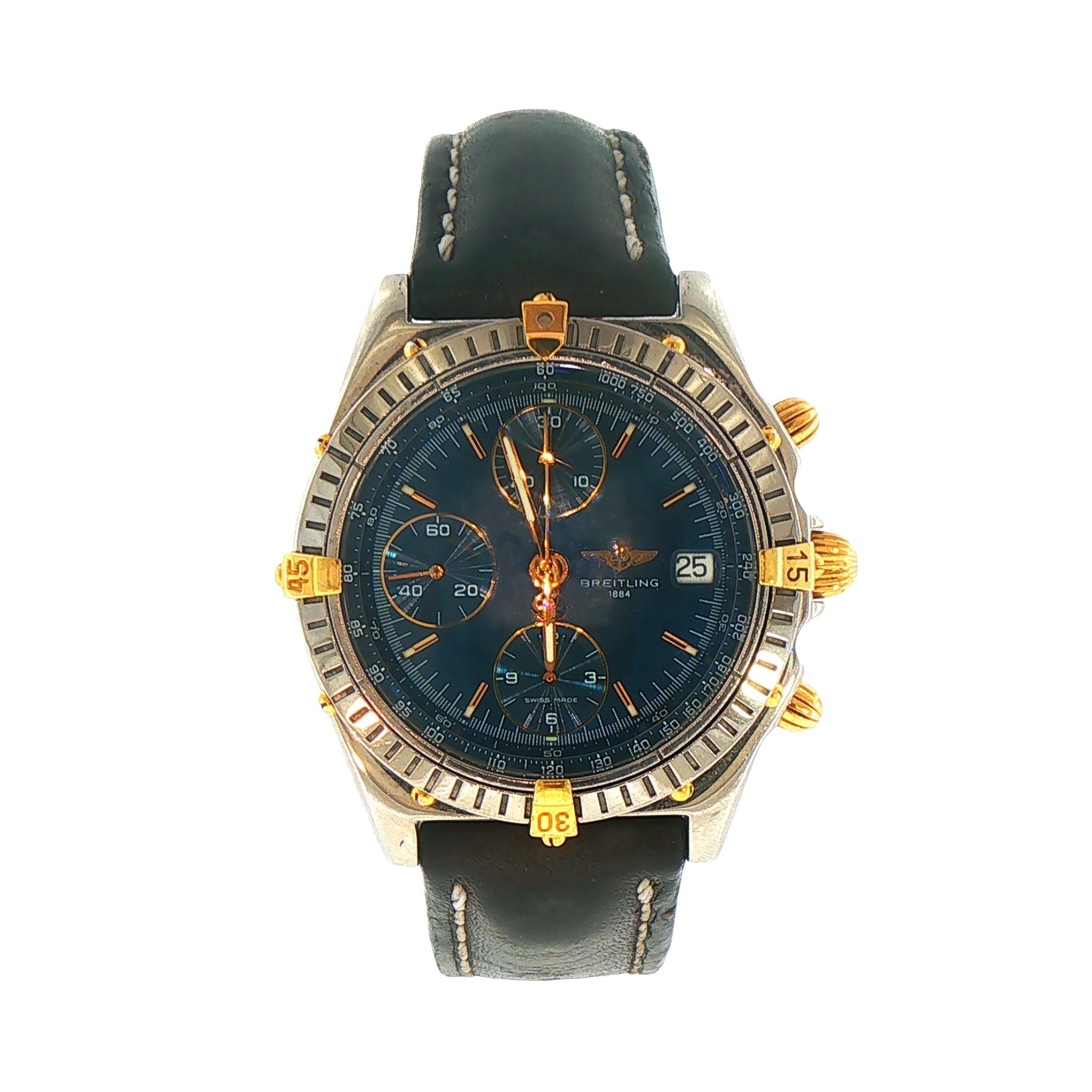 Gents Stainless Steel Breitling Auto Chronomat with Blue Dial on Leather Strap