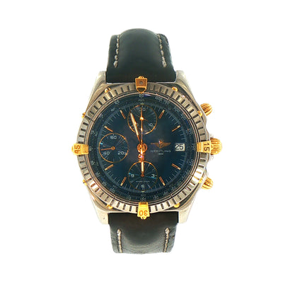 Gents Stainless Steel Breitling Auto Chronomat with Blue Dial on Leather Strap