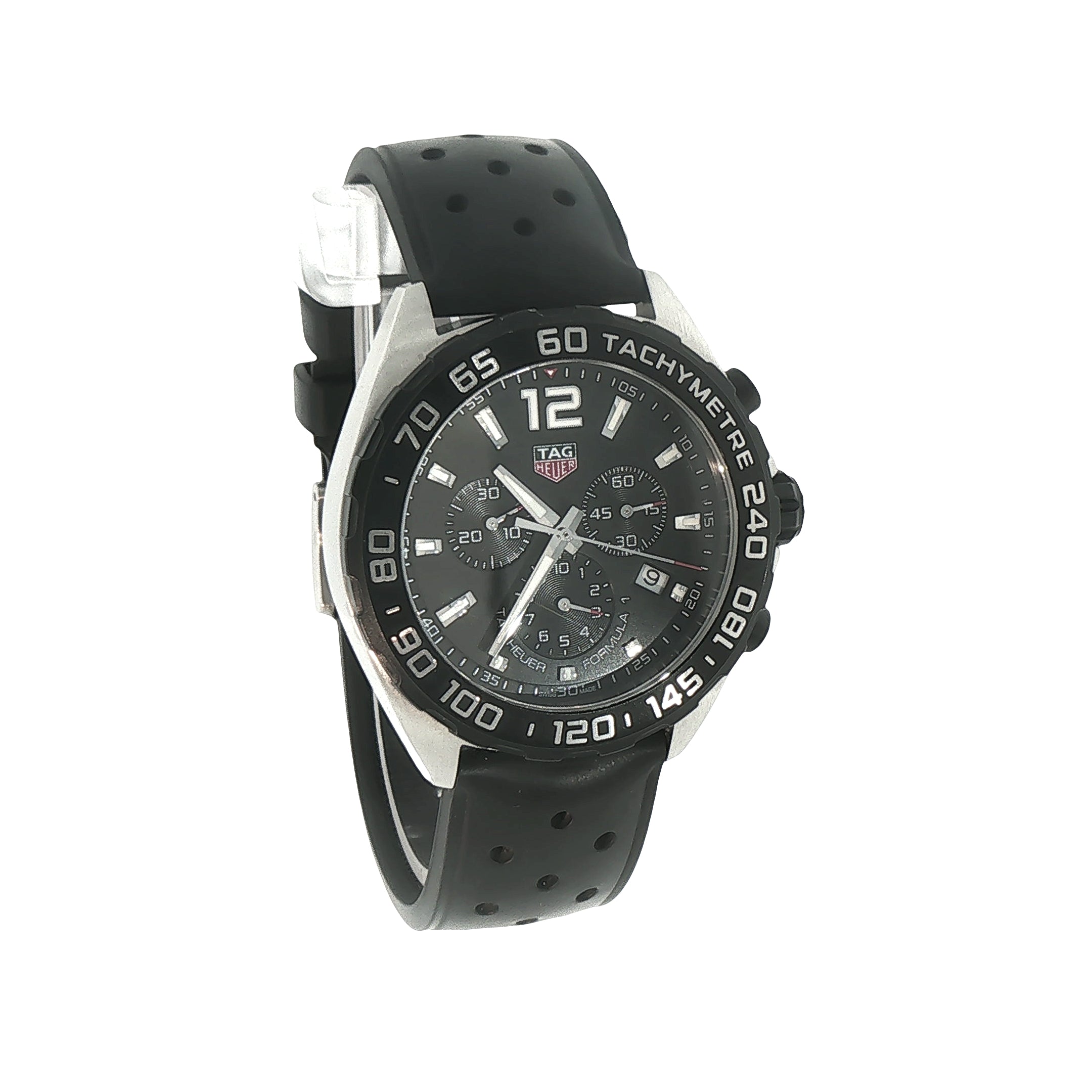 Gents 2017 Tag Heuer F1 Chronograph Black Dial on Black Rubber Strap