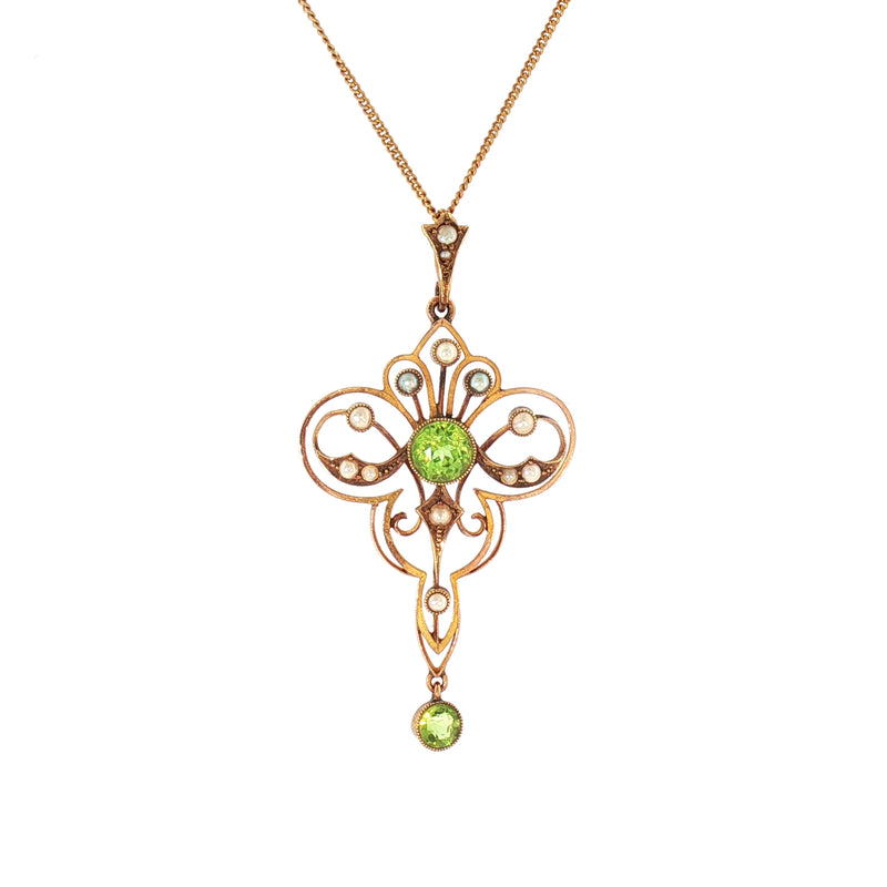 Vintage Peridot and Seed Pearl Art Nouveau Style Drop Pendant on 20" chain in 15ct Yellow Gold