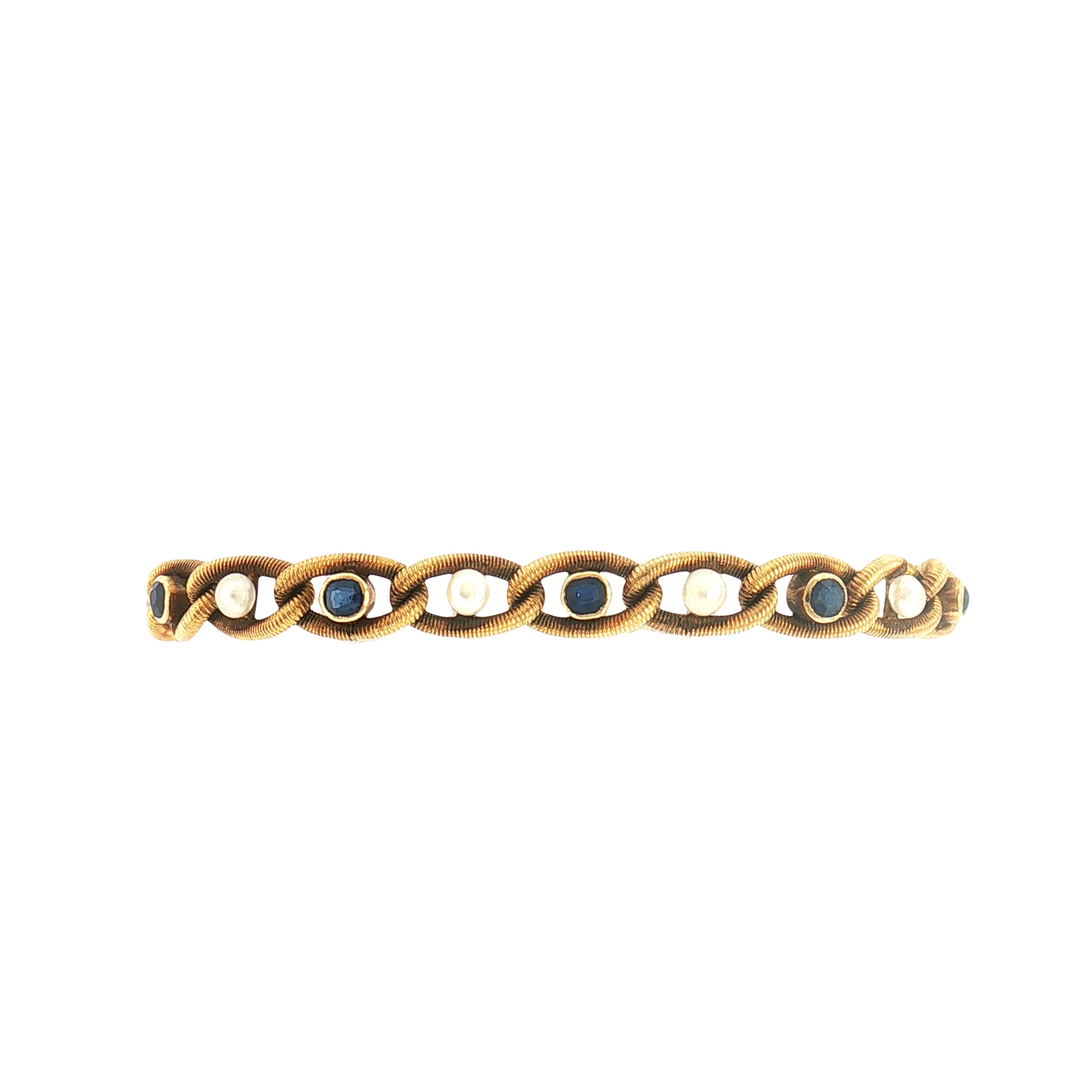 Sapphire & Pearl Curb Spring Link Bracelet Weighing 11g in 18ct Yellow Gold