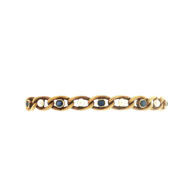 Sapphire & Pearl Curb Spring Link Bracelet Weighing 11g in 18ct Yellow Gold