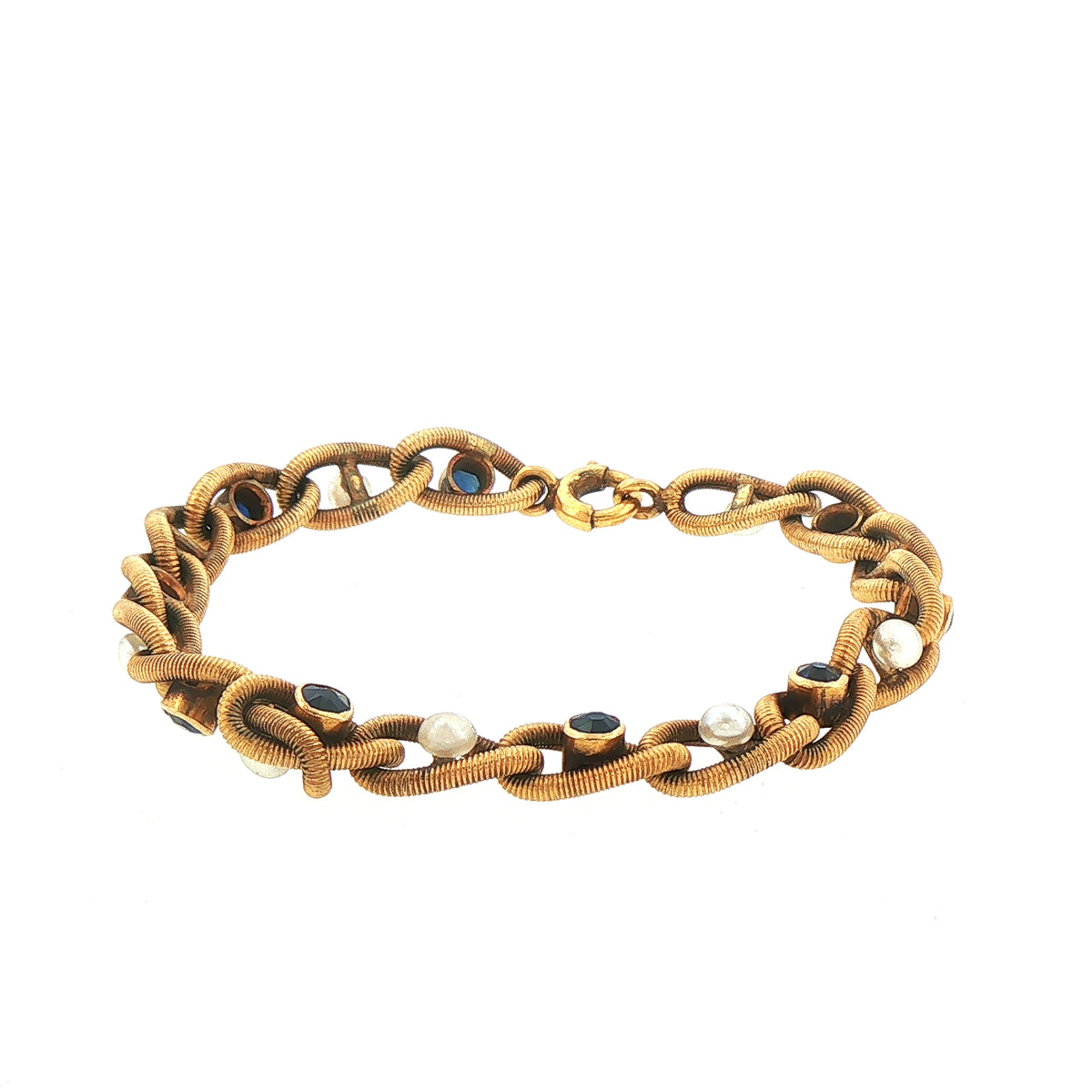 Sapphire and Pearl Curb Spring Link Bracelet Weighing 11g in 18ct Yellow Gold