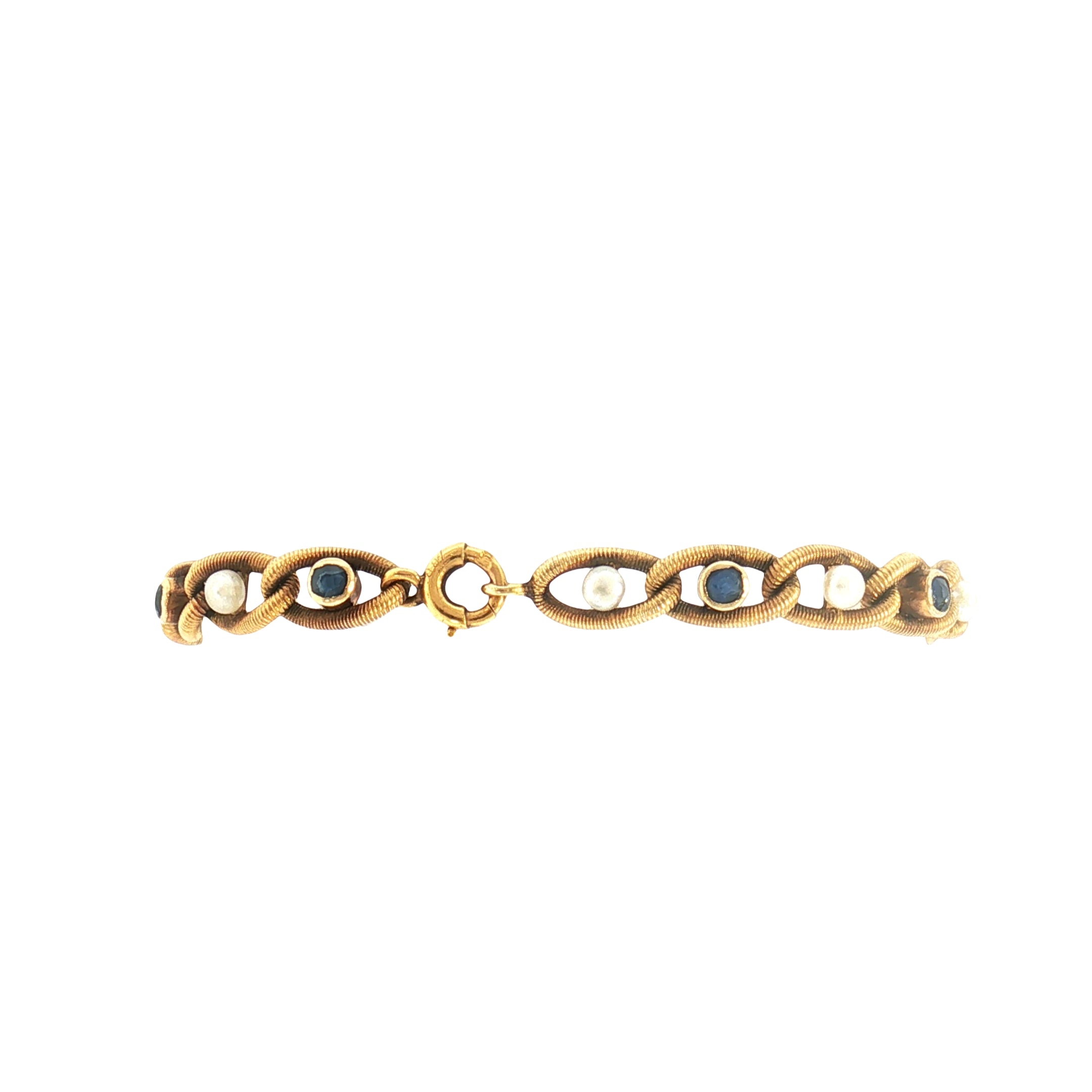 Sapphire & Pearl Curb Spring Link Bracelet Weighing 11g in 18ct Yellow Gold