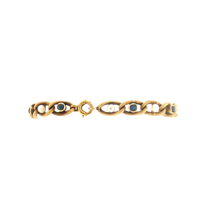 Sapphire & Pearl Curb Spring Link Bracelet Weighing 11g in 18ct Yellow Gold
