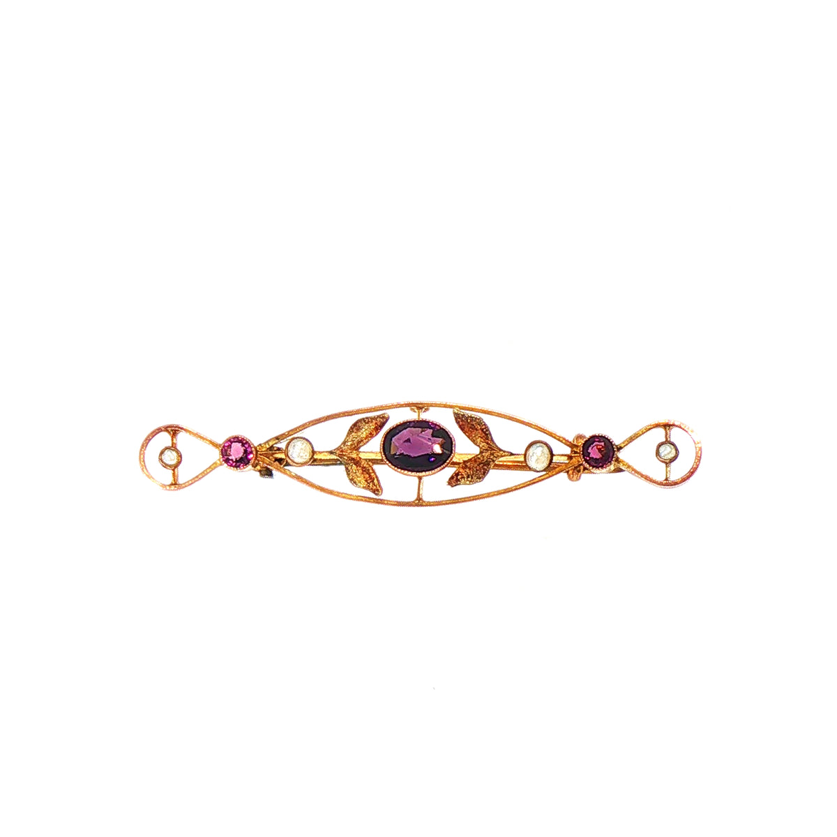 Vintage Amethyst and Pearl 7 Stone Bar Brooch in 9ct Yellow Gold