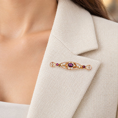 Vintage Amethyst and Pearl 7 Stone Bar Brooch in 9ct Yellow Gold
