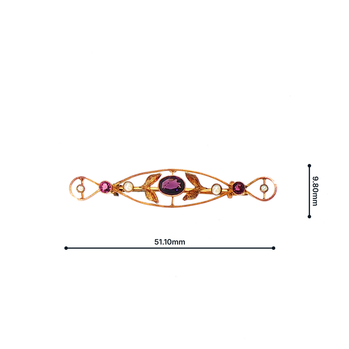 Vintage Amethyst and Pearl 7 Stone Bar Brooch in 9ct Yellow Gold