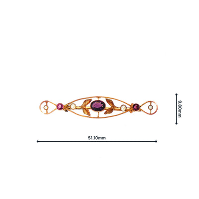 Vintage Amethyst and Pearl 7 Stone Bar Brooch in 9ct Yellow Gold
