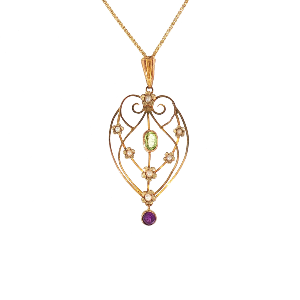 Victorian Pink Tourmaline Peridot and Seed Pearl Pendant in 15ct Yellow Gold