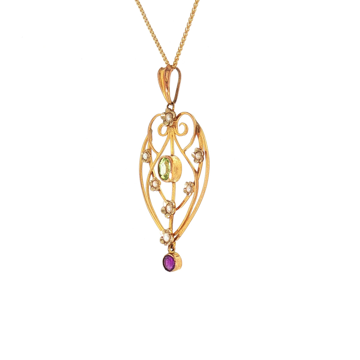 Victorian Pink Tourmaline Peridot and Seed Pearl Pendant in 15ct Yellow Gold
