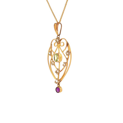 Victorian Pink Tourmaline Peridot and Seed Pearl Pendant in 15ct Yellow Gold