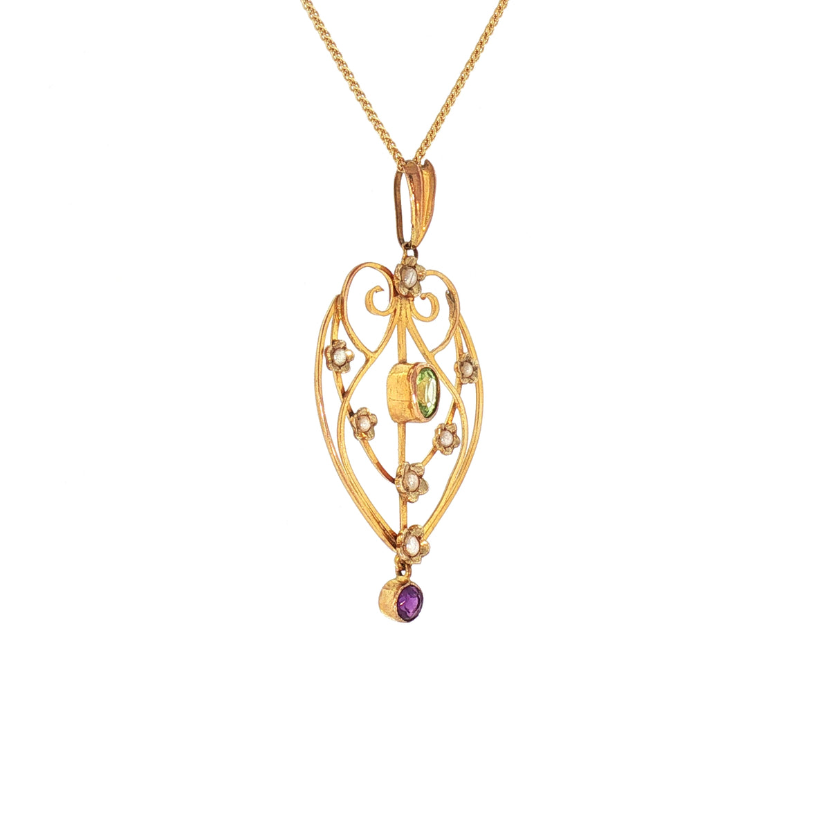 Victorian Pink Tourmaline Peridot and Seed Pearl Pendant in 15ct Yellow Gold
