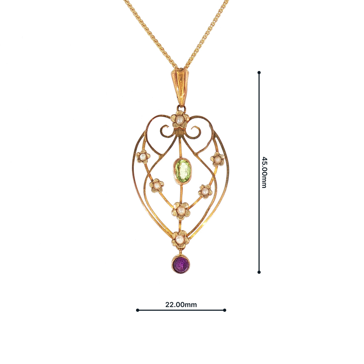 Victorian Pink Tourmaline Peridot and Seed Pearl Pendant in 15ct Yellow Gold