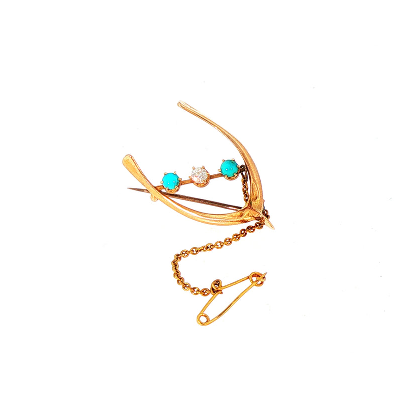 Vintage Natural Diamond and Turquoise Wishbone Brooch in 15ct Yellow Gold