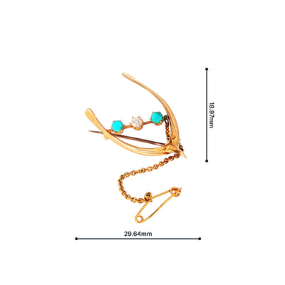 Vintage Natural Diamond and Turquoise Wishbone Brooch in 15ct Yellow Gold
