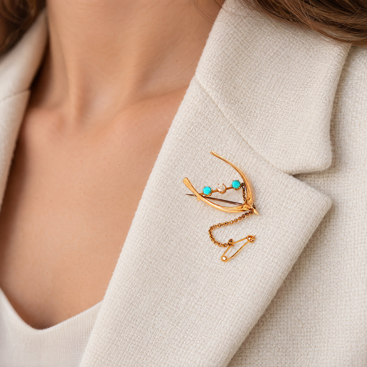 Vintage Natural Diamond and Turquoise Wishbone Brooch in 15ct Yellow Gold