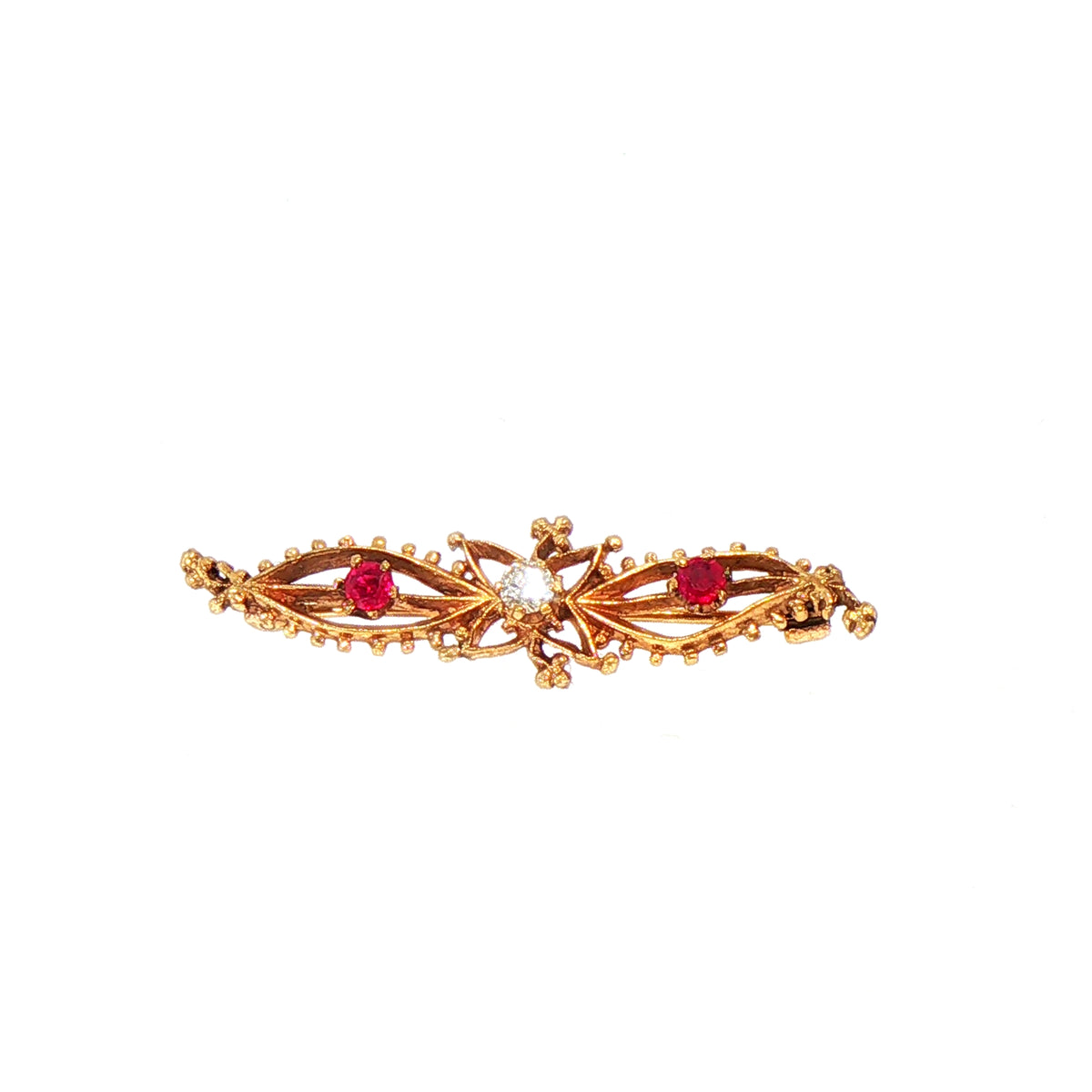 Vintage Natural Diamond and Ruby 3 Stone Bar Brooch in 9ct Yellow Gold