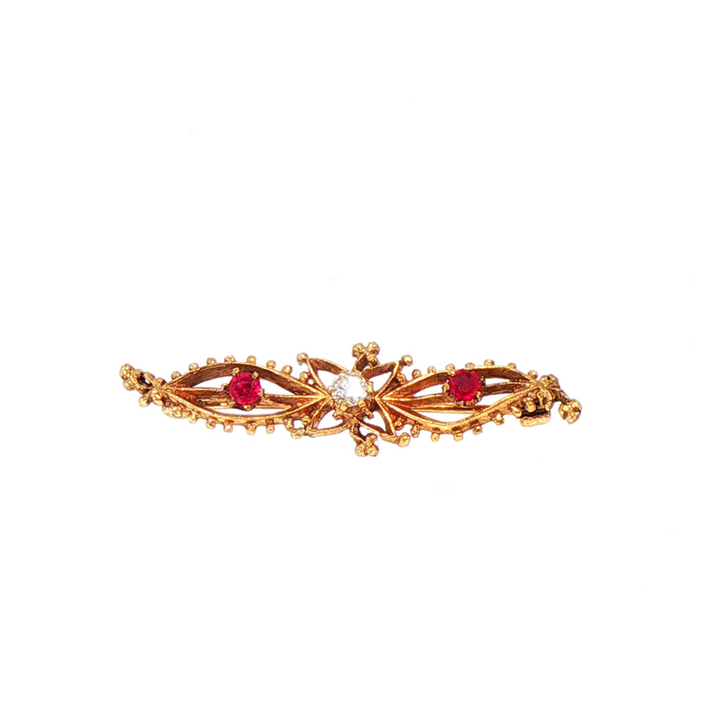 Vintage Natural Diamond and Ruby 3 Stone Bar Brooch in 9ct Yellow Gold