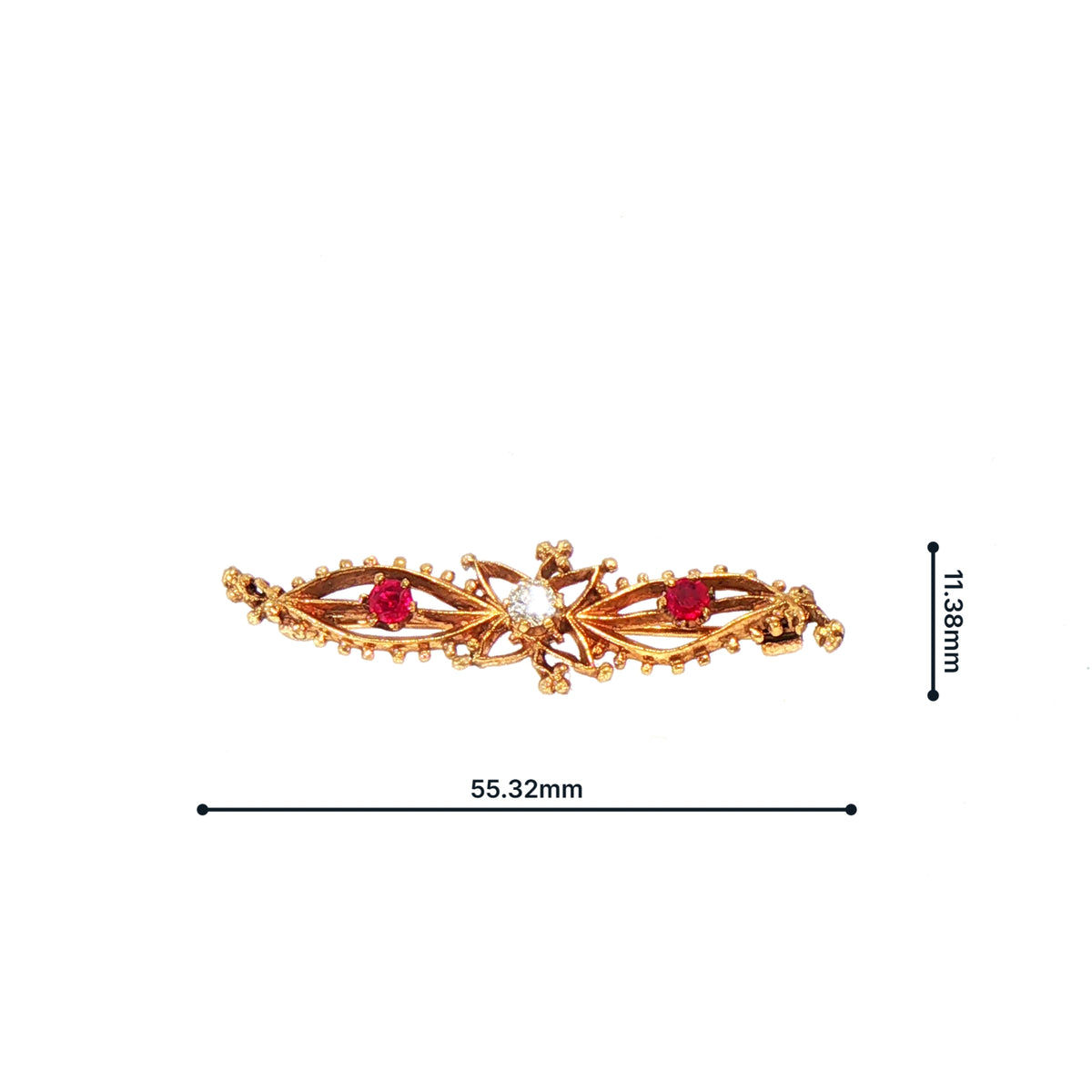 Vintage Natural Diamond and Ruby 3 Stone Bar Brooch in 9ct Yellow Gold