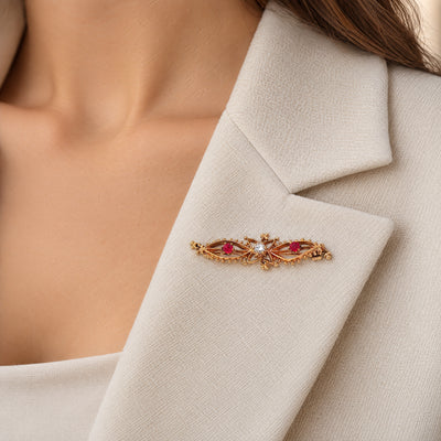 Vintage Natural Diamond and Ruby 3 Stone Bar Brooch in 9ct Yellow Gold