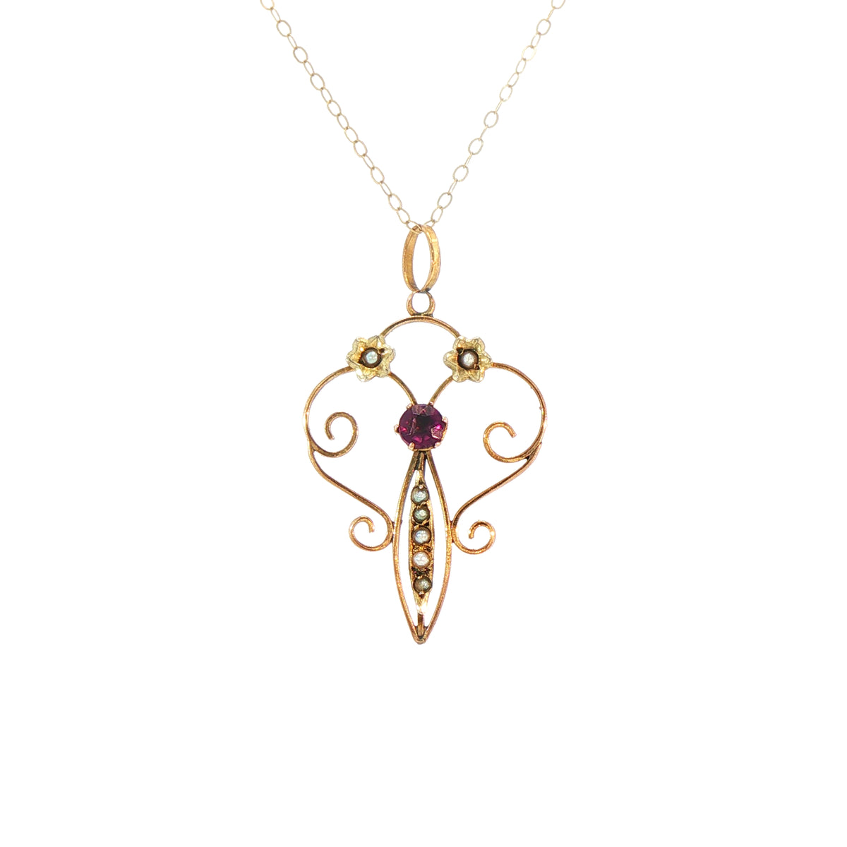 Vintage Amethyst and Seed Pears Drop Pendant with Chain in 9ct Yellow Gold