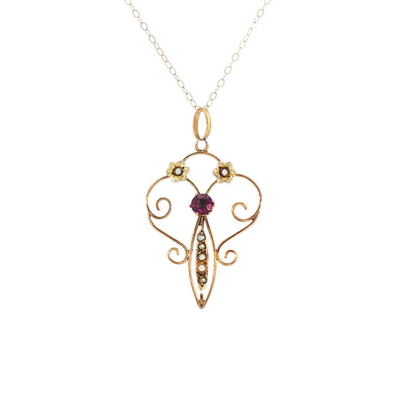 Vintage Amethyst and Seed Pears Drop Pendant with Chain in 9ct Yellow Gold