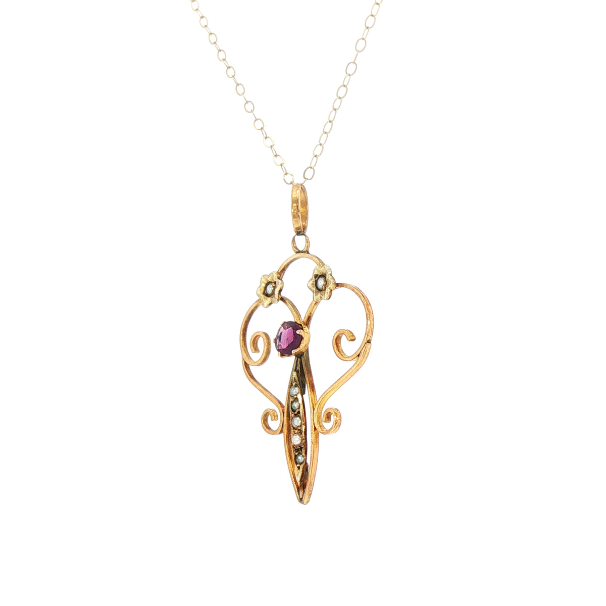 Vintage Amethyst and Seed Pears Drop Pendant with Chain in 9ct Yellow Gold