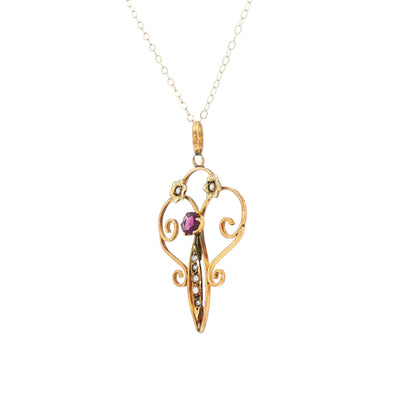 Vintage Amethyst and Seed Pears Drop Pendant with Chain in 9ct Yellow Gold