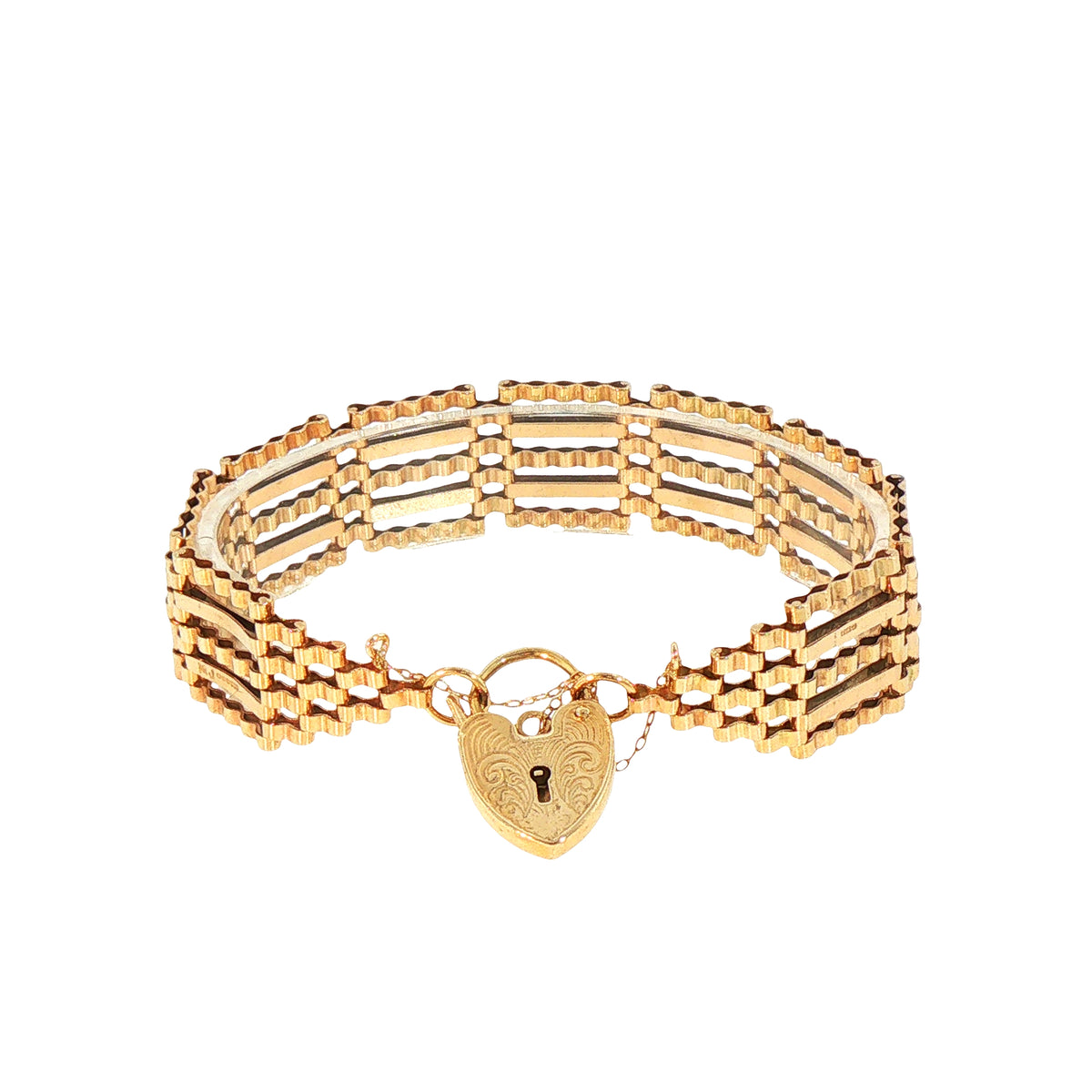 Vintage Five Bar Gate Bracelet with Heart Padlock in 9ct Yellow Gold