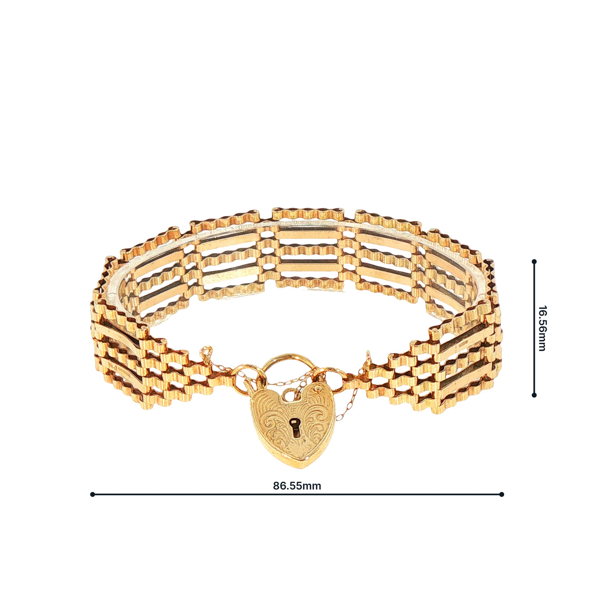 Vintage Five Bar Gate Bracelet with Heart Padlock in 9ct Yellow Gold